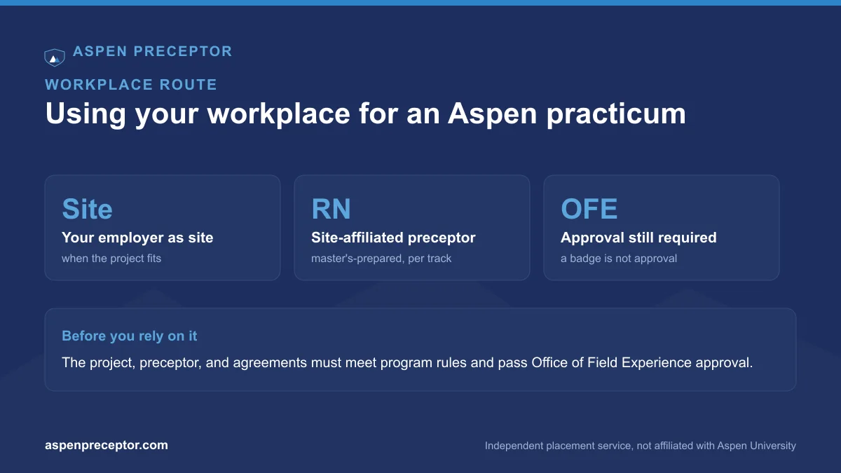 Using your workplace as an Aspen practicum site: an employer site, a site-affiliated master's-prepared RN preceptor, and required OFE approval